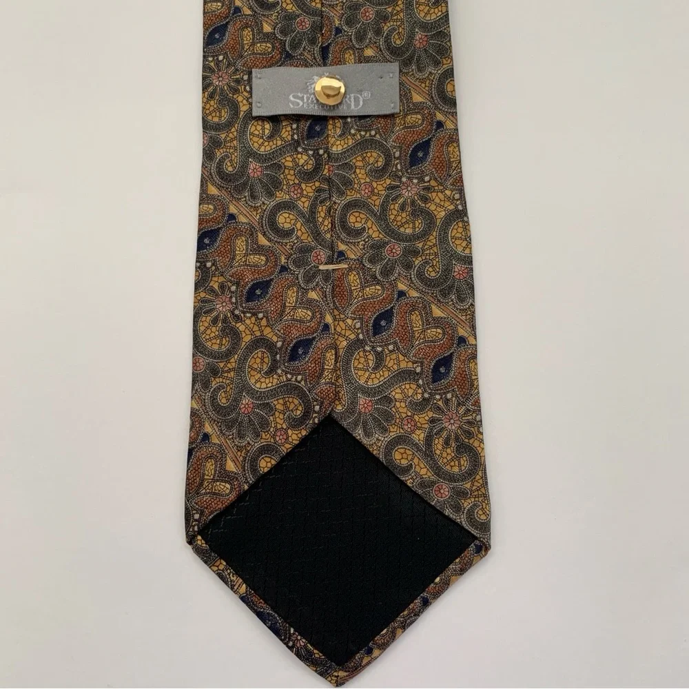 Stafford Tie Men's‎ 100% Silk Geometric Brown Yellow Green 4.00
